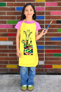 Yellow Cotton Kids' Craft Apron with Giraffe and Colorful Pocket