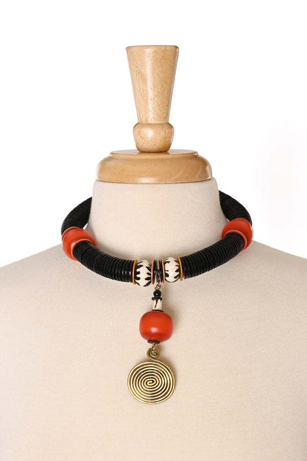 Ember & Ebony Vulcanite, Resin & Brass Spiral Statement Necklace