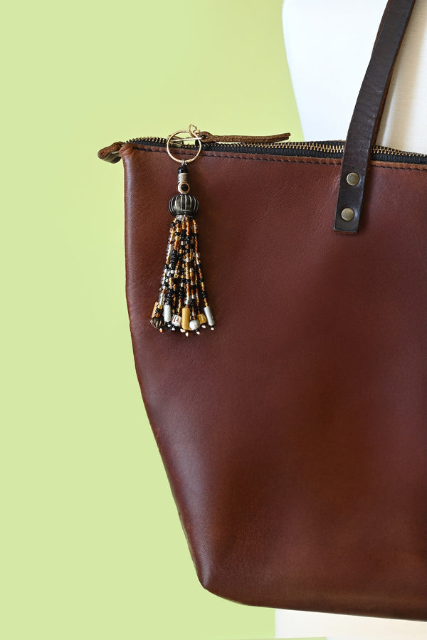Black and Amber Beaded Tassel Bag Charm