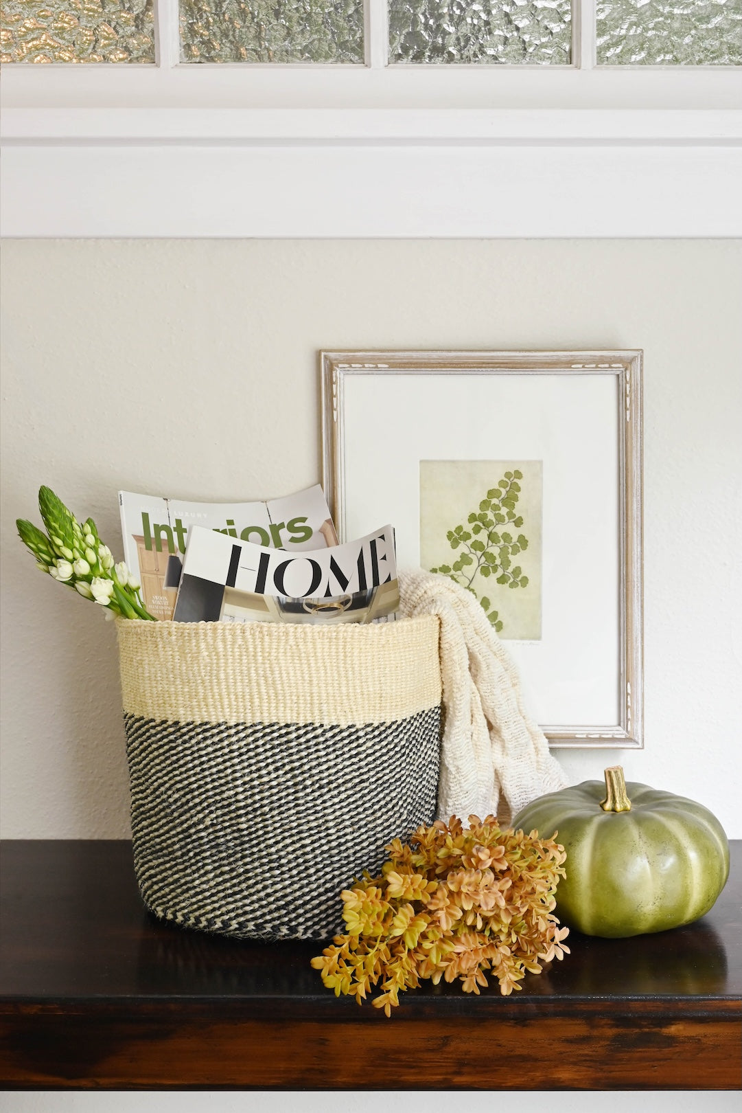 Large Charcoal Gray and Cream Twill Sisal Bin Basket