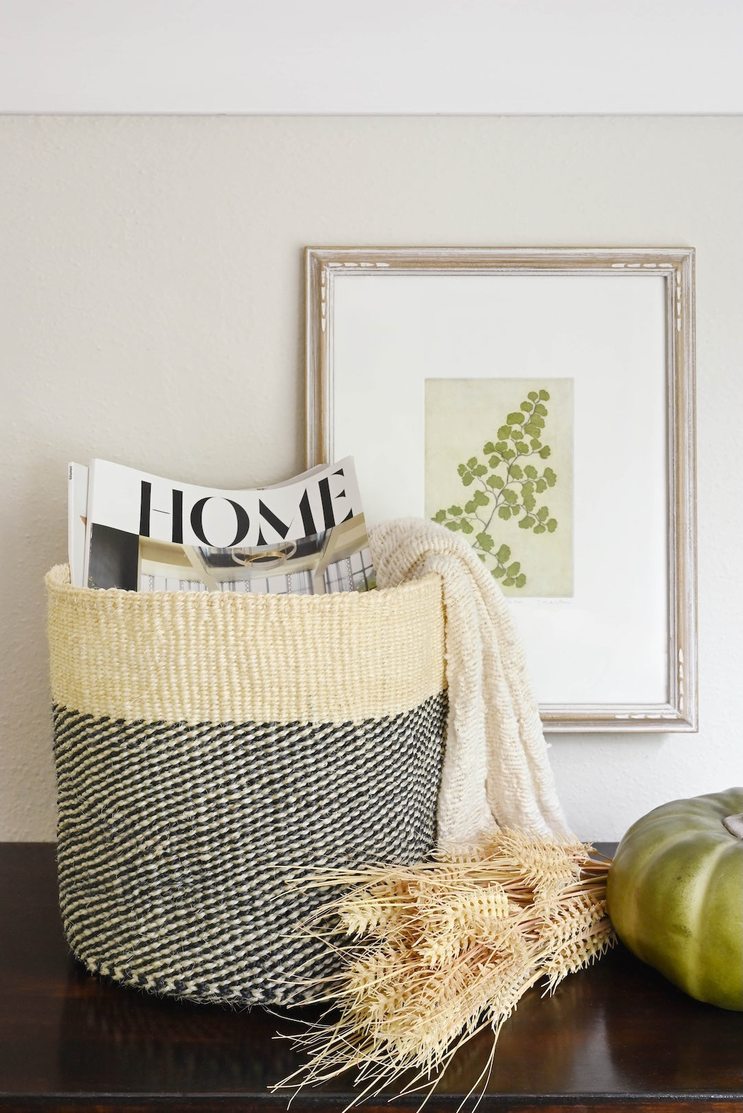 Large Charcoal Gray and Cream Twill Sisal Bin Basket