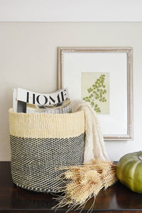 Large Charcoal Gray and Cream Twill Sisal Bin Basket