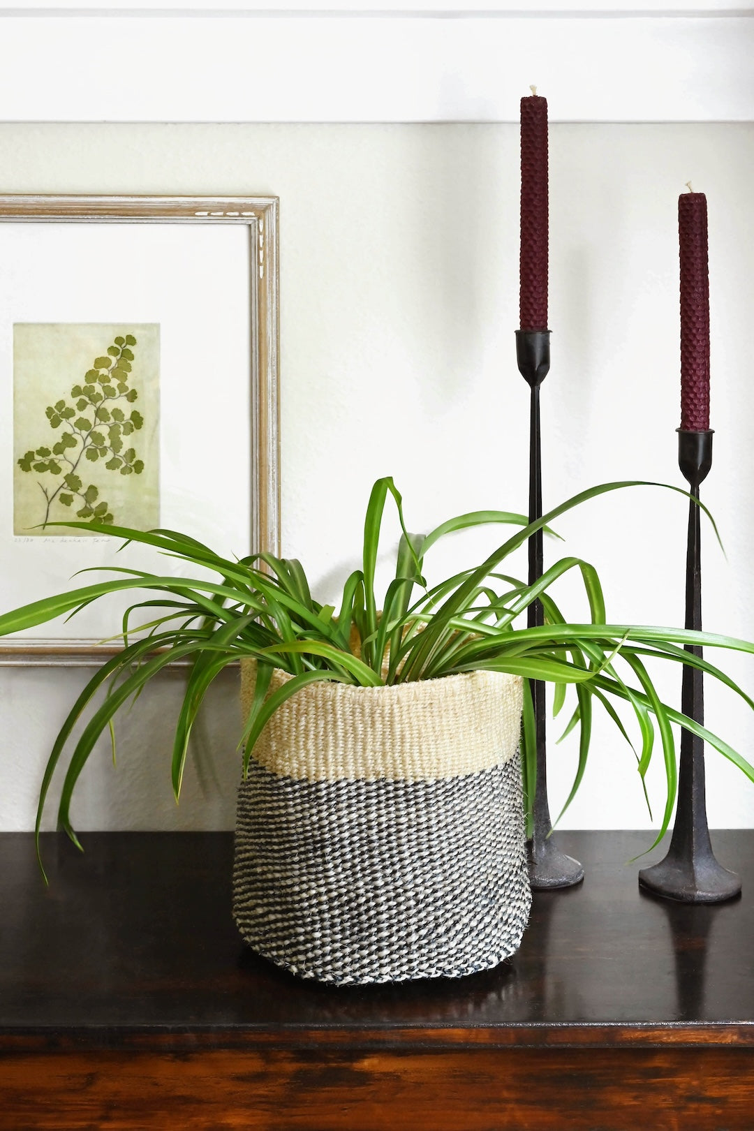 Medium Charcoal Gray and Cream Twill Sisal Bin Basket