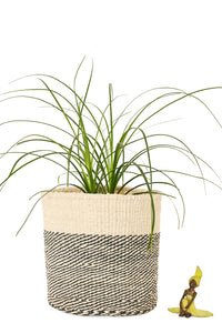 Medium Charcoal Gray and Cream Twill Sisal Bin Basket
