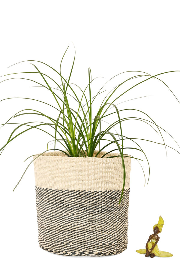 Medium Charcoal Gray and Cream Twill Sisal Bin Basket