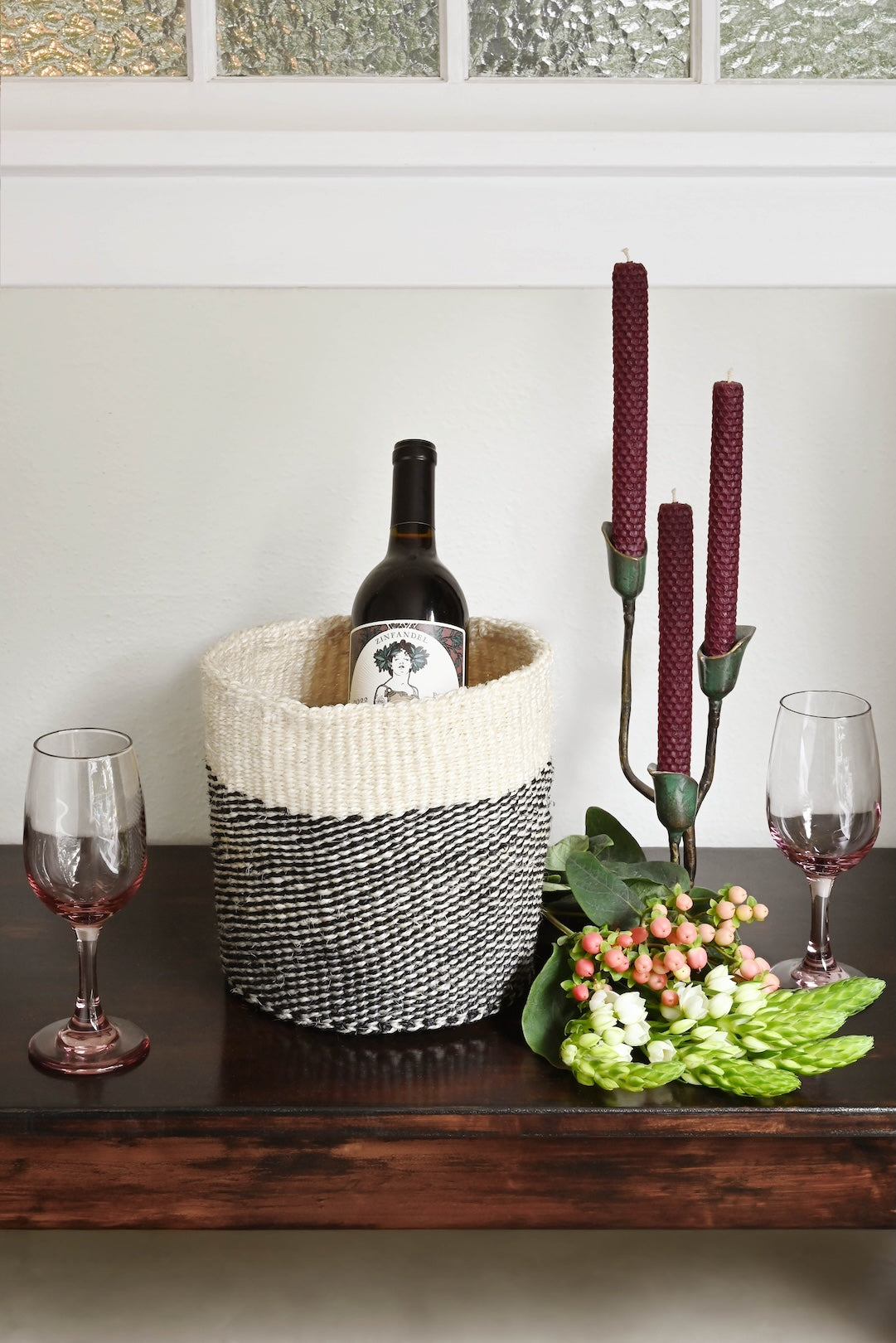 Medium Black and Cream Twill Sisal Bin Basket