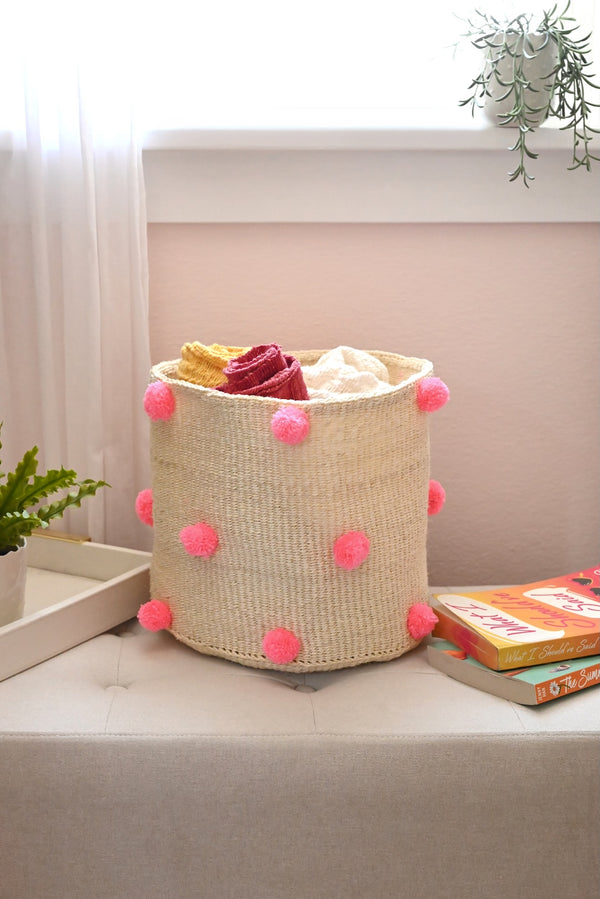 Natural Sisal Bin with Pink Polka Dots