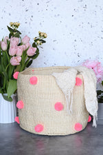 Natural Sisal Bin with Pink Pom Poms