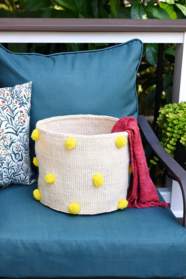 Natural Sisal Bin with Yellow Polka Dots