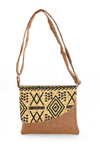 Brown Jute & African Print Crossbody Bag
