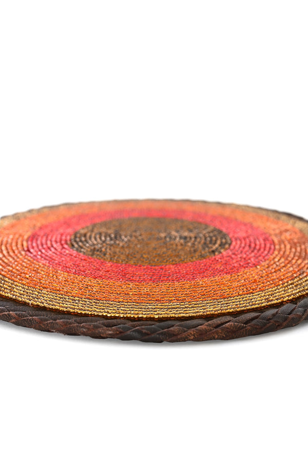 Red and Gold Beaded Leather Trivet