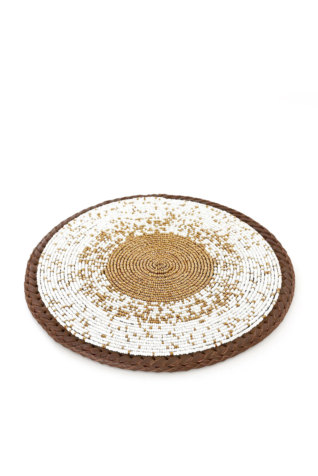 White and Gold Beaded Leather Trivet