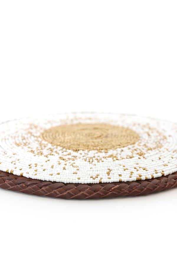 White and Gold Beaded Leather Trivet