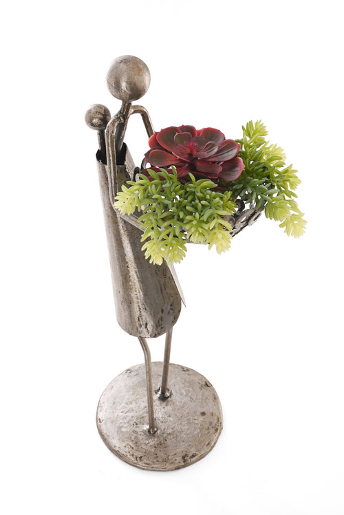Recycled Metal Mama with Baby and Bowl Sculpture