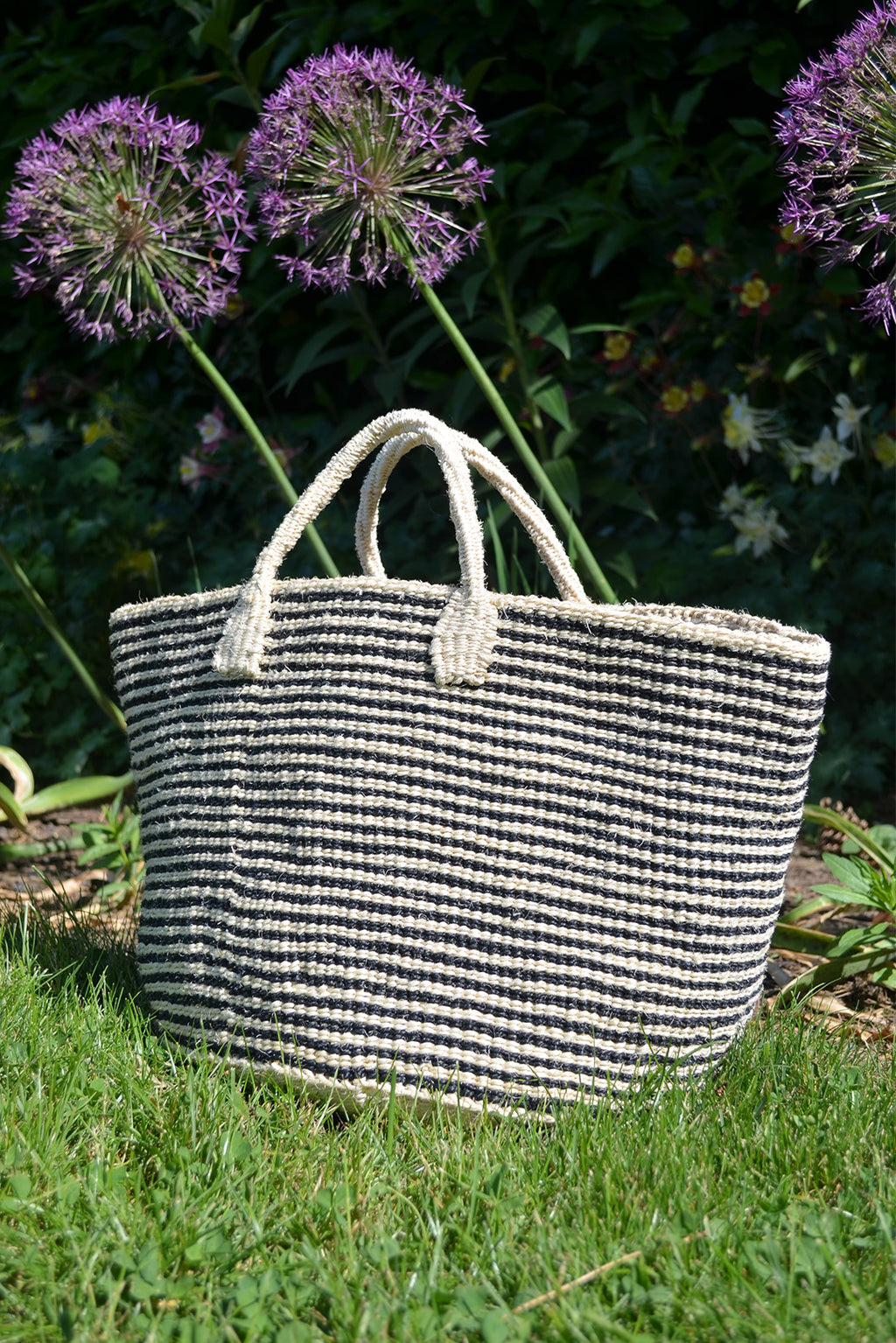 Black & White Narrow Stripe Sisal Tote