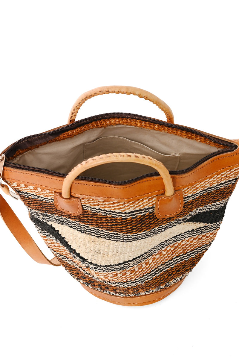 Assorted Earthtone Sisal Handbag with Leather Straps and Round Leather Base
