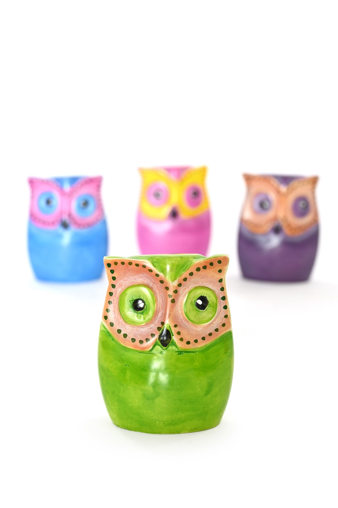 SET OF FOUR Flat Soapstone Colorful Owls