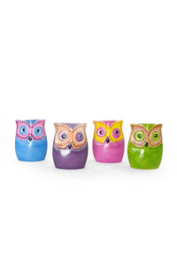 SET OF FOUR Flat Soapstone Colorful Owls