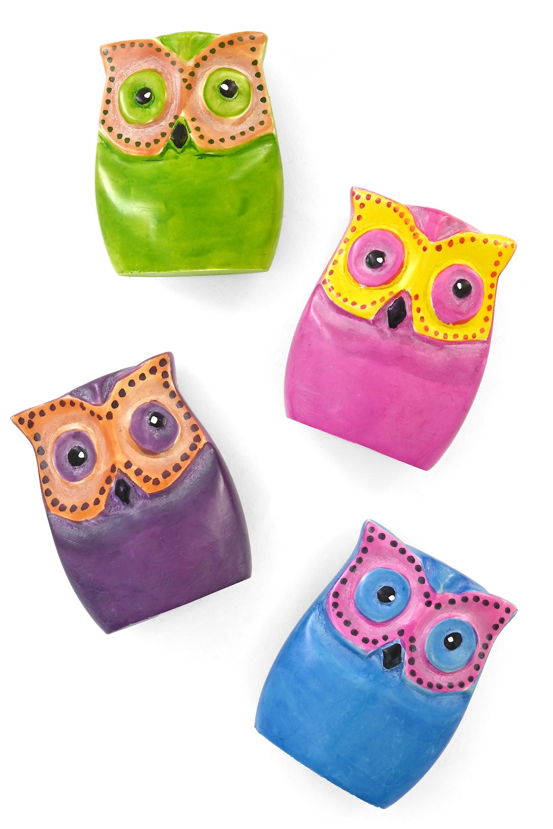SET OF FOUR Flat Soapstone Colorful Owls