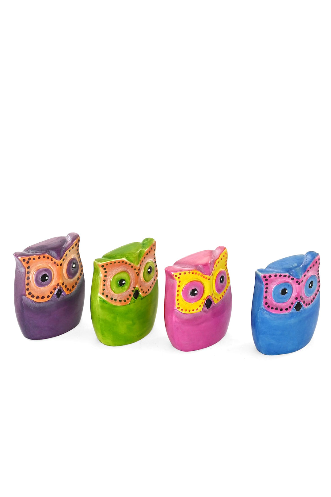 SET OF FOUR Flat Soapstone Colorful Owls
