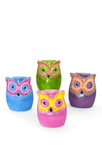 SET OF FOUR Flat Soapstone Colorful Owls
