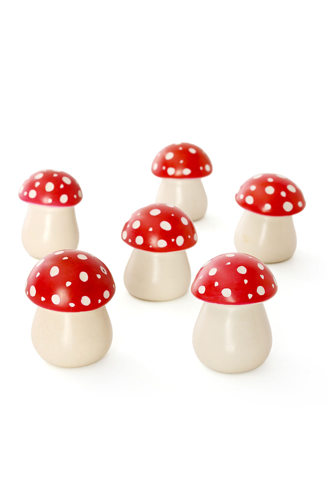 Set of Six Red Cap Mini Mushroom Sculptures