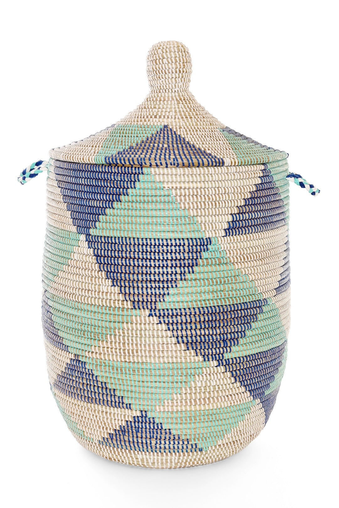 Large Blue and White Triangles Lidded Hamper Basket