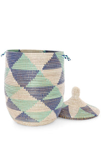 Large Blue and White Triangles Lidded Hamper Basket