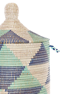 Large Blue and White Triangles Lidded Hamper Basket