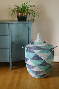 Large Blue and White Triangles Lidded Hamper Basket