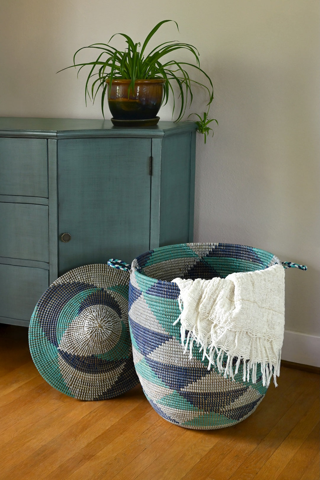 Large Blue and White Triangles Lidded Hamper Basket
