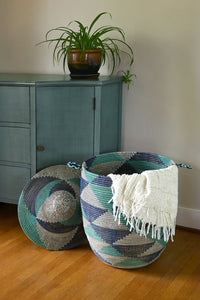 Large Blue and White Triangles Lidded Hamper Basket