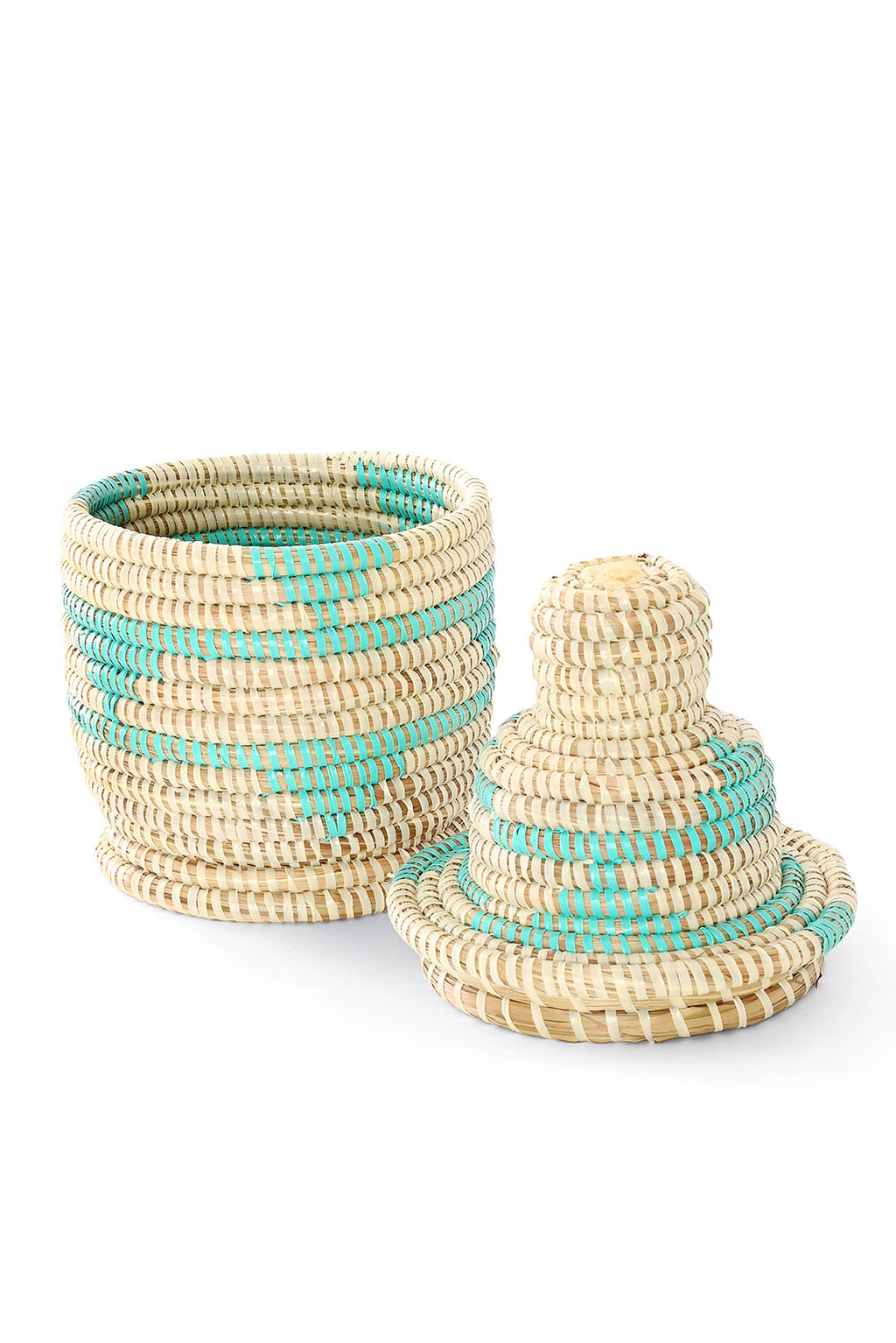 Small Cream and Aqua Lidded Tower Basket