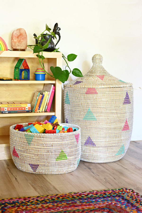 White Teranga Triangles Knitting Basket from Senegal