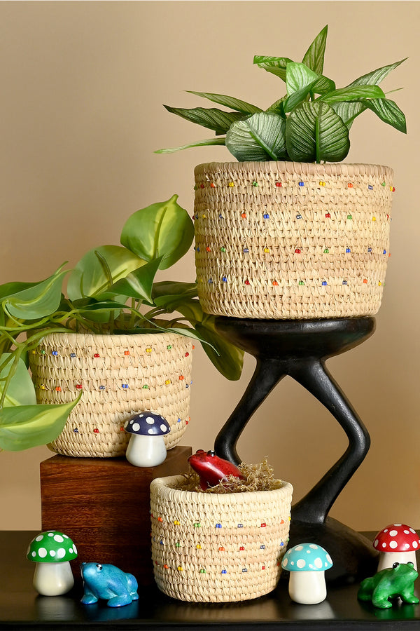 Ngurunit Nomadic Camel Milking Baskets with Rainbow Beaded Dots