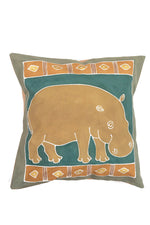 Hand Painted Hippo Pillow Cover in Green Earth