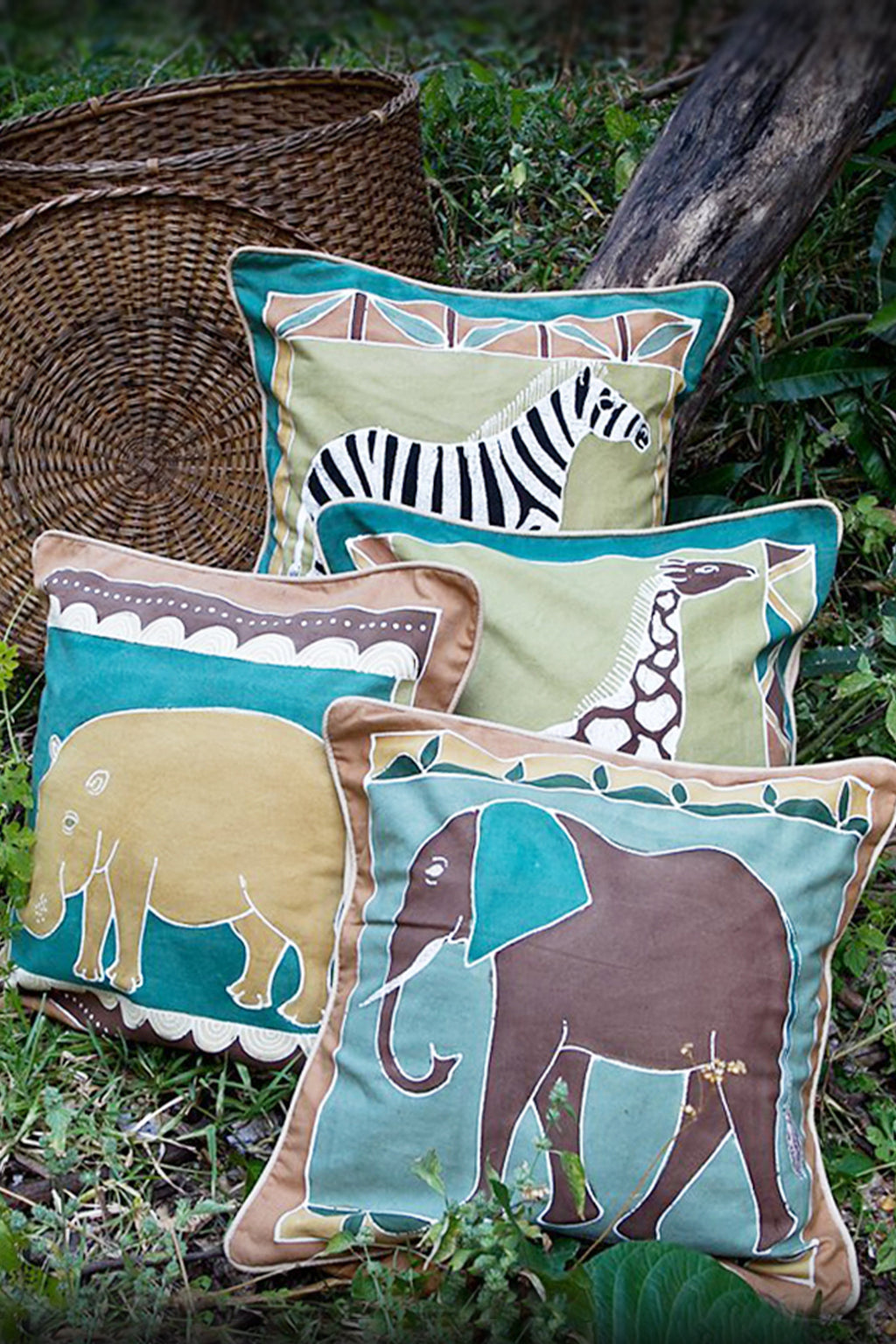 Hand Painted Hippo Pillow Cover in Green Earth