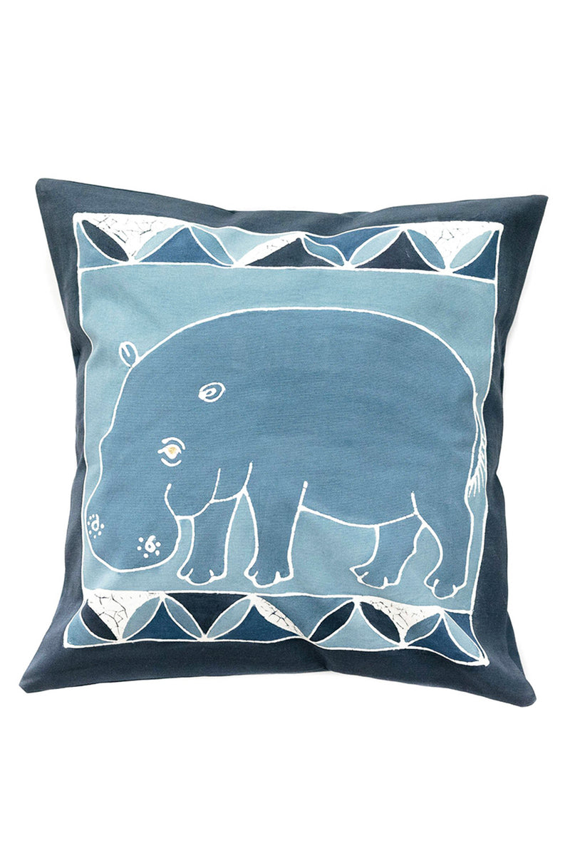Hand Painted Hippo Pillow Cover in Indigo