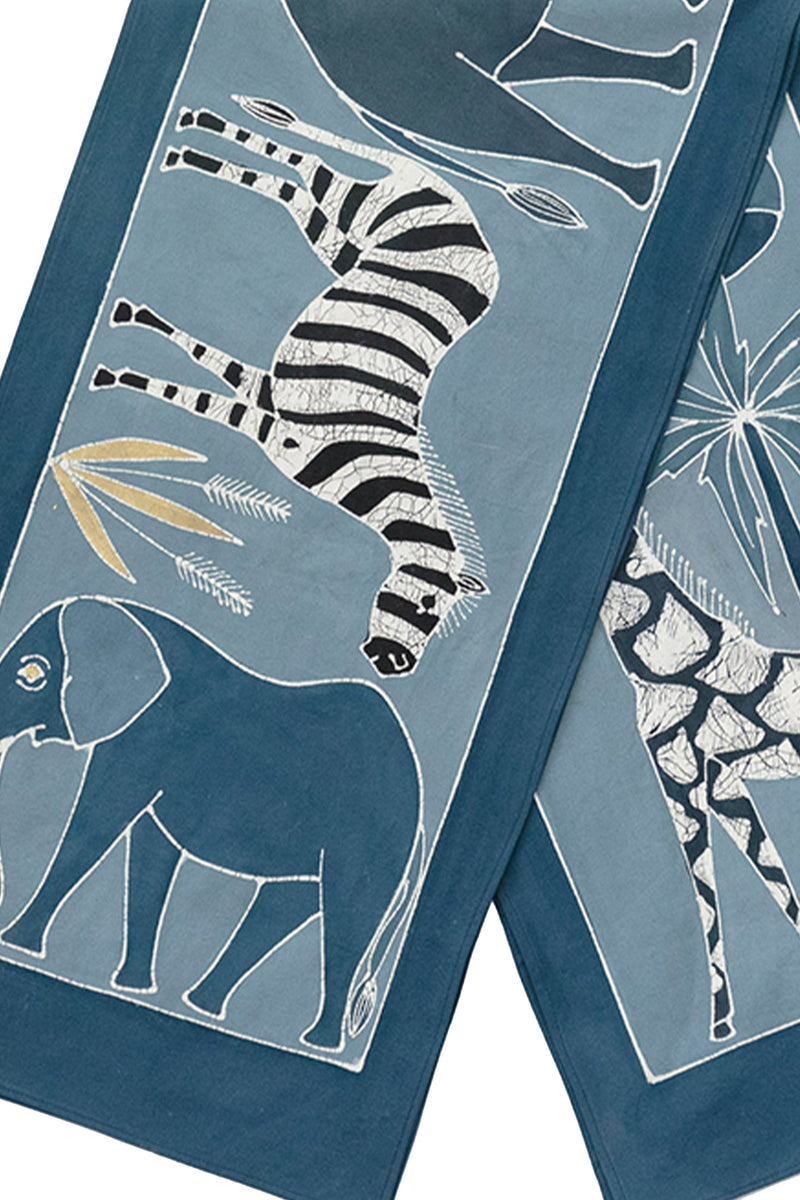 Safari Animals Hand-Painted Table Runner in Indigo