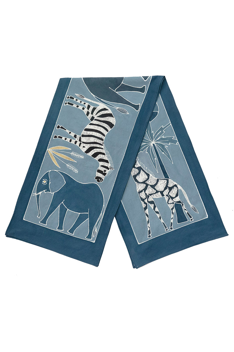 Safari Animals Hand-Painted Table Runner in Indigo