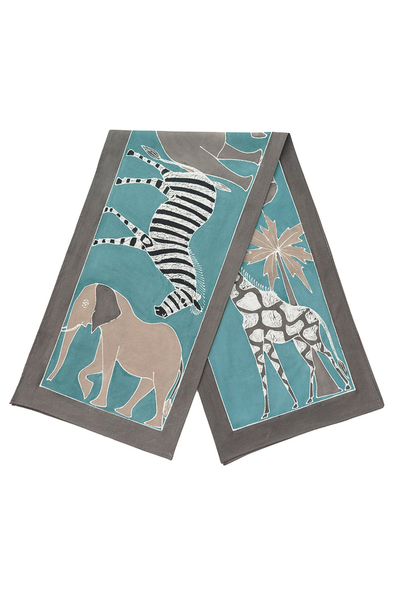 Safari Animals Hand-Painted Table Runner in Sky