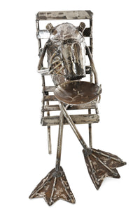 Coffee Sipping Metal Frog Sculpture