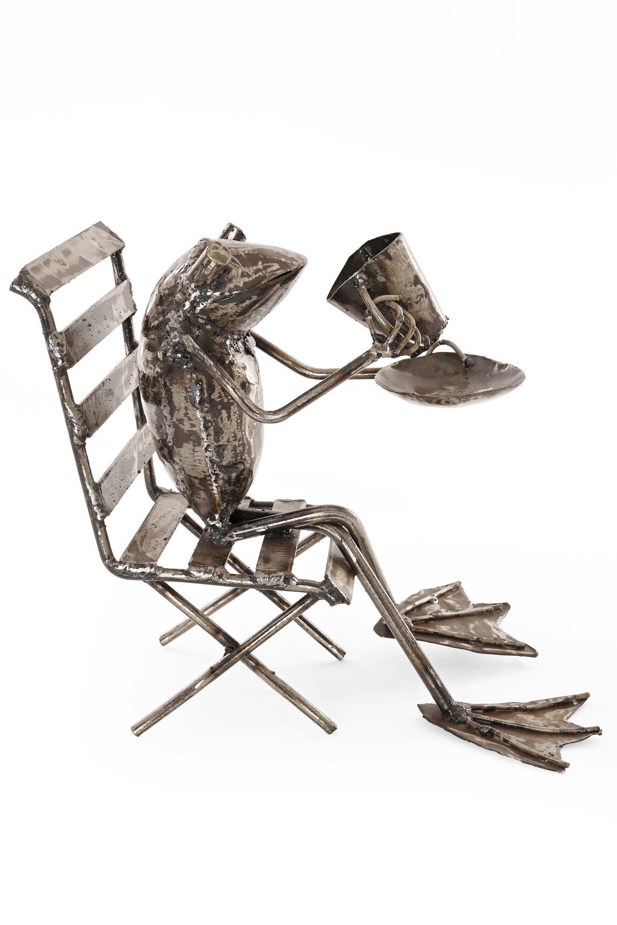 Coffee Sipping Metal Frog Sculpture