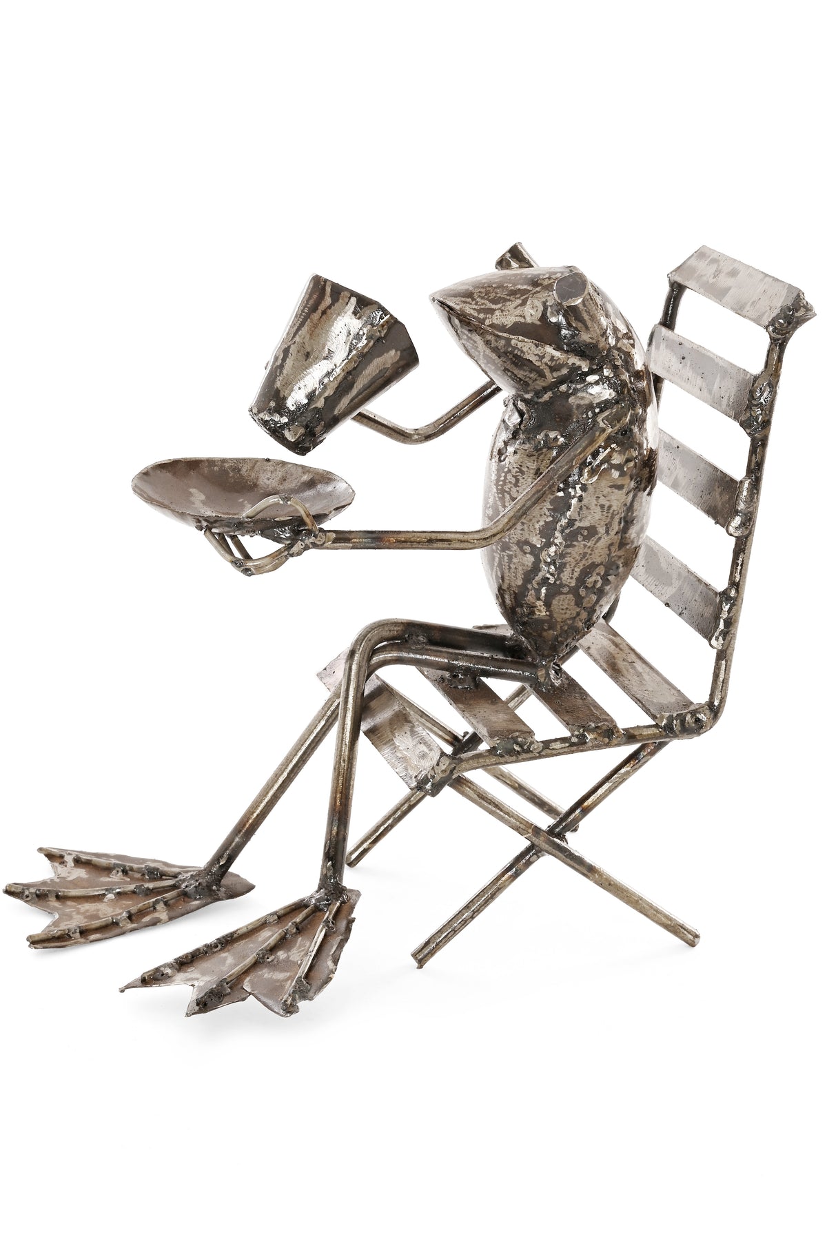 Coffee Sipping Metal Frog Sculpture