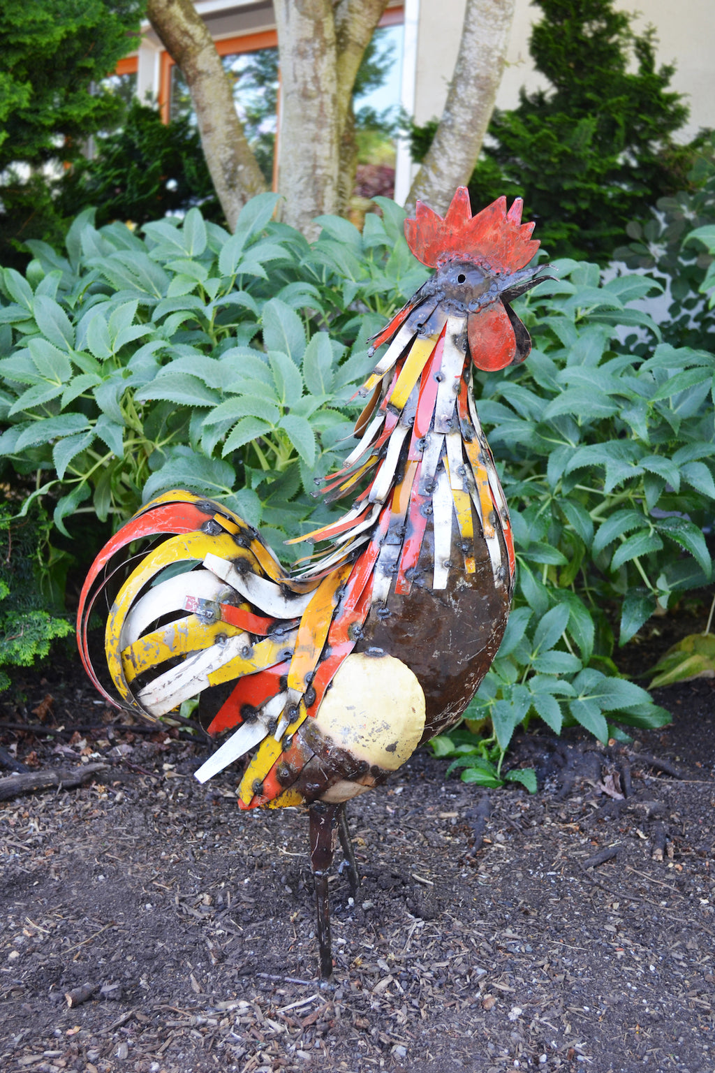 Red & Yellow Recycled Metal <i>Sunrise</i> Rooster Sculpture
