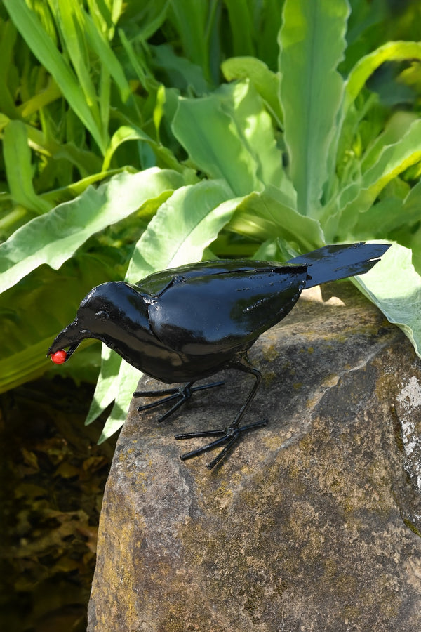 Recycled Metal Crow with Berry Sculpture
