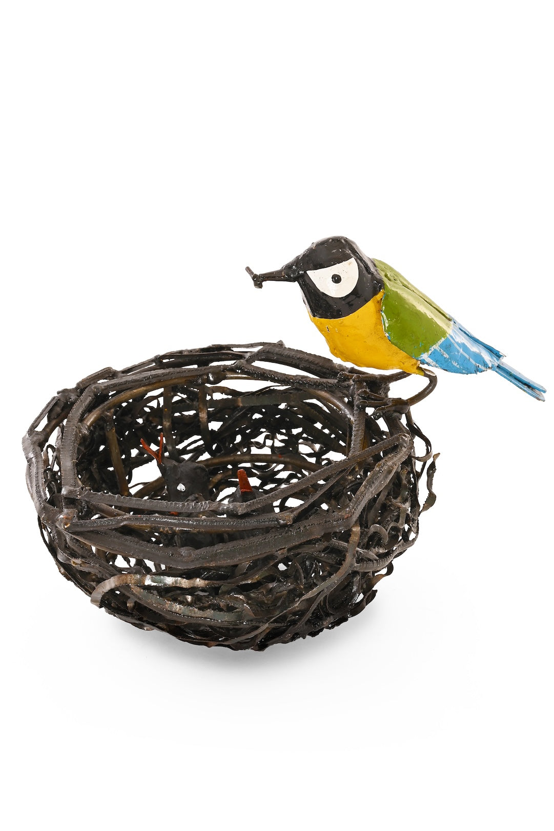 Recycled Metal Mama and Baby Birds in Nest