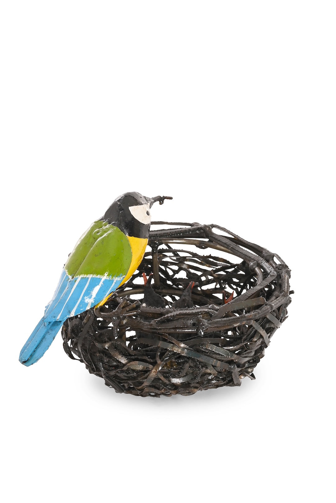 Recycled Metal Mama and Baby Birds in Nest
