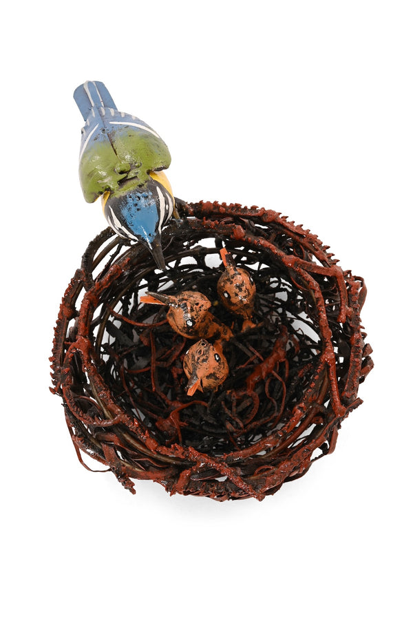 Recycled Metal Mama and Baby Birds in Nest