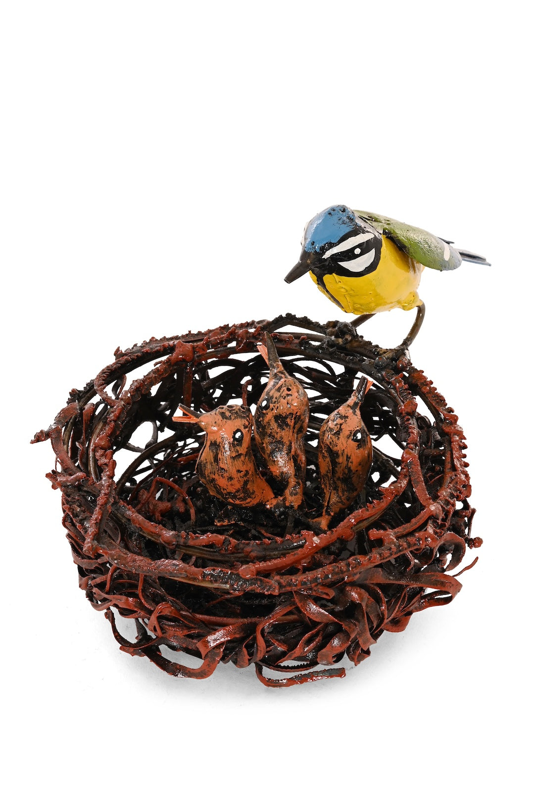 Recycled Metal Mama and Baby Birds in Nest